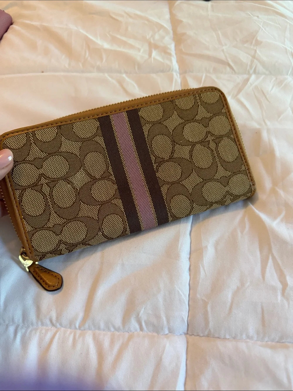Coach Signature Canvas Zip-Around Wallet in Brown with Pink Stripe